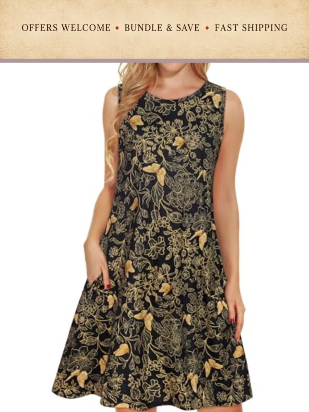 Women's Summer Casual Loose Cotton Sun Dress with Pockets, Sleeveless Scoop Neck